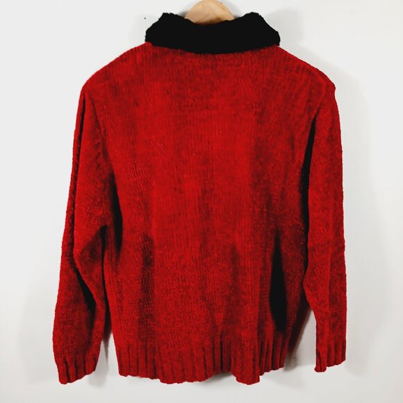 Kelly Scott, Red Zip Front Cardigan W/ Black Faux Fur Collar Size Medium Festive - Picture 4 of 16